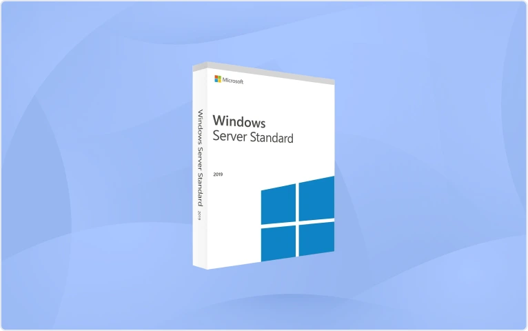 A 3D-rendered image of a Windows Server Standard 2019 software box with the Microsoft logo, displayed on a blue, abstract background.