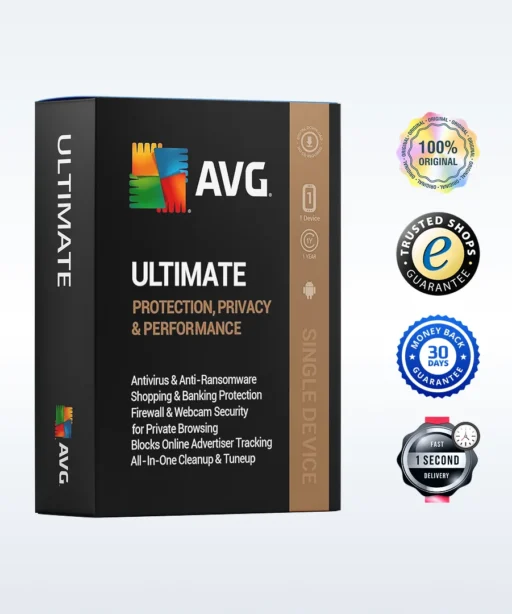 A black AVG Ultimate software box for a single device, featuring protection, privacy, and performance benefits. To the right are four badges for originality, trusted shops, 30-day guarantee, and 1-second delivery.