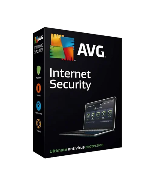A box of AVG Internet Security software featuring the AVG logo, "Internet Security" text, icons for protection, privacy, performance, support, and a laptop screen displaying AVG Internet Security diagnostics.