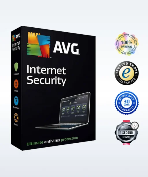 Box of AVG Internet Security software beside four badges: 100% Original, Trusted Shops Guarantee, 30-Day Money Back Guarantee, and Fast 1 Second Delivery. Get protected with AVG Internet Security and shop with confidence.