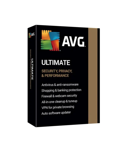 A black retail box for AVG Ultimate software, highlighting features like security, privacy, performance, antivirus, firewall, VPN, and software updater. The AVG logo and colorful icon are displayed at the top left.