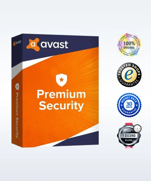 Avast Premium Security software box with four icons beside it showing: 100% original, trusted shops guarantee, 30 days money back guarantee, and 1 second delivery.