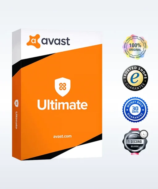 Orange and white Avast Ultimate software box. To the right are four circular badges: 100% original, Trusted Shops guarantee, 30-day money-back guarantee, and 1-second delivery.