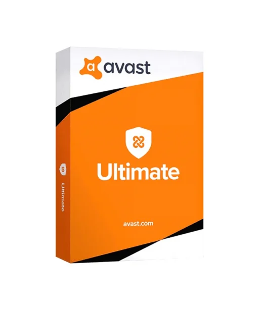 A 3D-rendered orange and white Avast Ultimate software box with the Avast logo and shield icon on the front, and the website avast.com displayed below.
