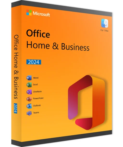 A retail box for Office 2024 Home & Business für MAC, featuring an orange background, Microsoft logo, Office app icons, and a label indicating compatibility with Mac.