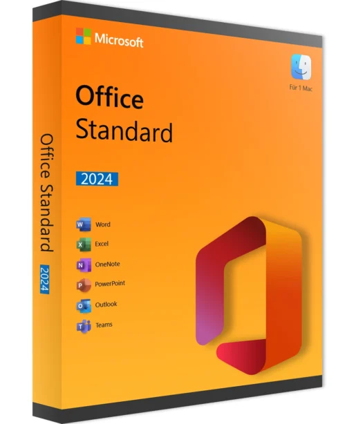A retail box of Office 2024 Standard für MAC, featuring the orange Office logo, app icons, and text listing Word, Excel, OneNote, PowerPoint, Outlook, and Teams on the front cover.