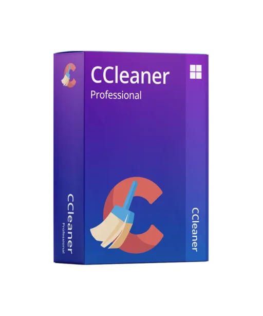 A purple software box for CCleaner Professional with a broom icon on the front and side, and a Windows logo in the top right corner.