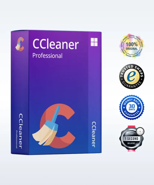 A purple CCleaner Professional software box with a broom icon, alongside four badges: “100% Original”, “Trusted Shops Guarantee”, “Money Back Guarantee 30 Days” and “1 Second Delivery”.