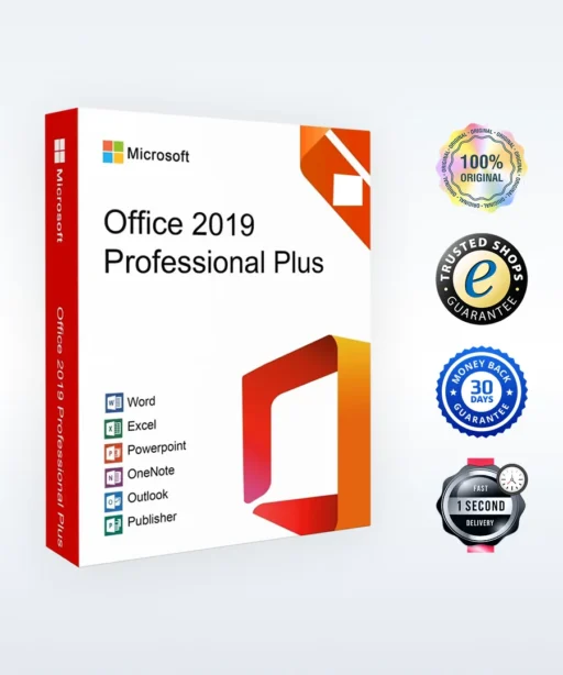 A box for Microsoft Office 2019 Professional Plus is shown, featuring Word, Excel, PowerPoint, OneNote, Outlook, and Publisher logos. Four quality and guarantee badges are displayed to the right.