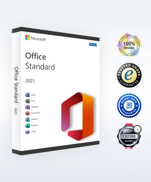 A Microsoft Office Standard 2021 software box is shown, with icons for Word, Excel, OneNote, PowerPoint, Outlook, Publisher, and Teams. Four quality and guarantee badges are displayed on the right side.