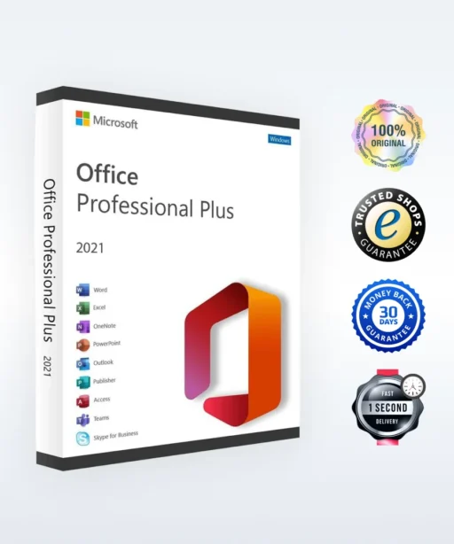 A product box for Microsoft Office Professional Plus 2021 is shown, with badges for 100% original, trusted shop, 30-day money-back guarantee, and 1-second delivery on the right side.