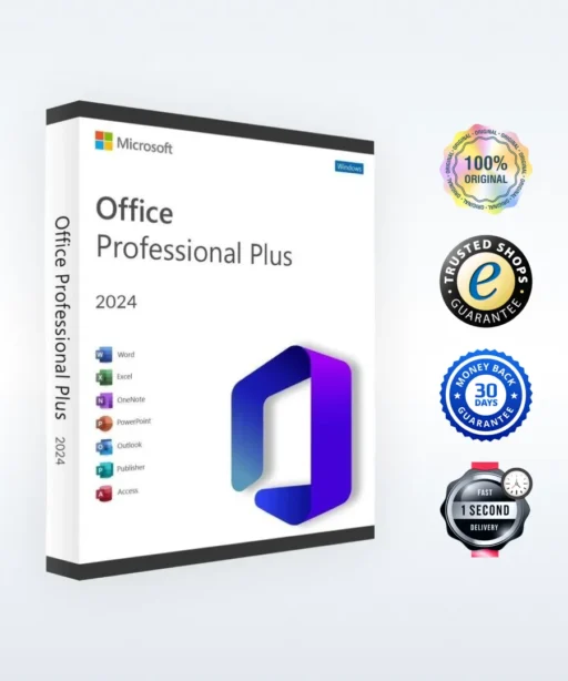 Microsoft Office Professional Plus 2024 software box with logos for 100% original, trusted shop guarantee, money-back guarantee, and fast delivery on the right side.