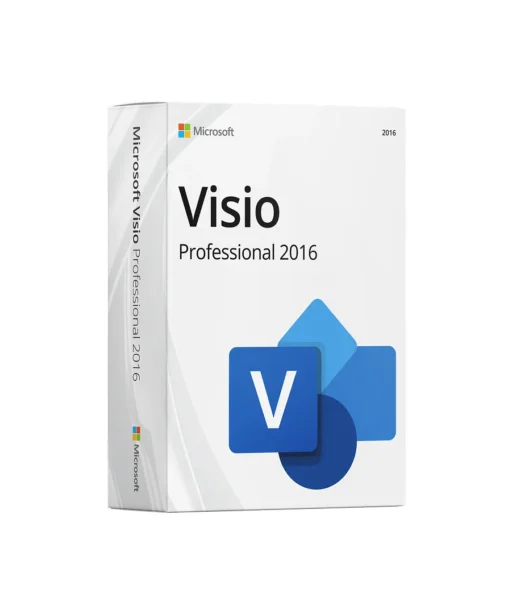 A retail box for Microsoft Visio Professional 2016, featuring the Visio logo with overlapping blue shapes and a large V on the front, along with product name and Microsoft branding.