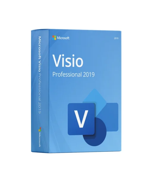 A blue retail box for Microsoft Visio Professional 2019 software, featuring a large V icon and Microsoft branding on the front and side of the packaging.