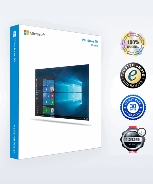A Windows 10 Home software package box is shown next to four badges stating: 100% Original, Trusted Shops Guarantee, Money Back 30 Days Guarantee, and 1 Second Delivery.