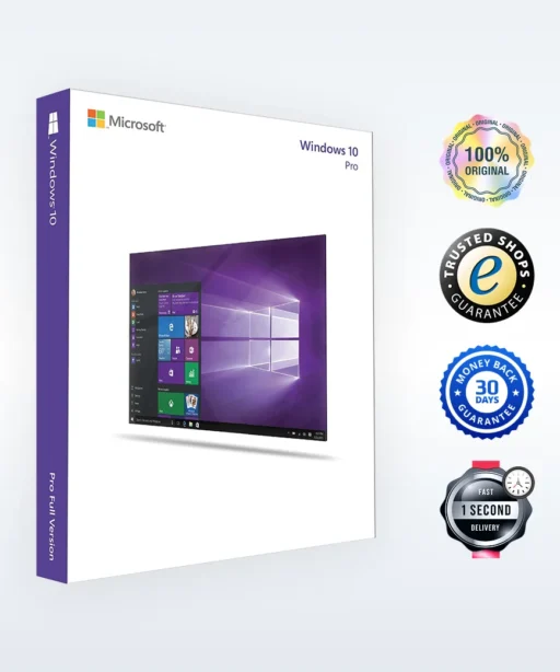 A retail box of Microsoft Windows 10 Pro is shown next to four badges reading “100% Original,” “Trusted Shops Guarantee,” “30 Days Money Back Guarantee,” and “1 Second Delivery.”.