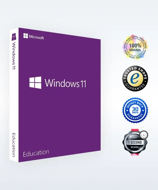 A purple Microsoft Windows 11 Education box is shown on the left. On the right are four round badges for 100% original, trusted shop, 30-day money-back guarantee, and fast delivery. The background is light gray.