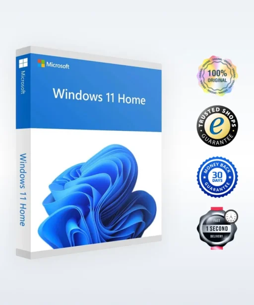 A box of Microsoft Windows 11 Home software is displayed next to four badges showing 100% Original, Trusted Shops Guarantee, 30 Day Money Back Guarantee, and Fast 1 Second Delivery.