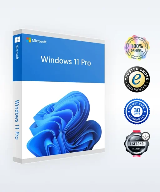 A Windows 11 Pro software box is shown on the left. On the right, there are four badges indicating 100% originality, trusted shop guarantee, 30-day money-back guarantee, and 1-second delivery.