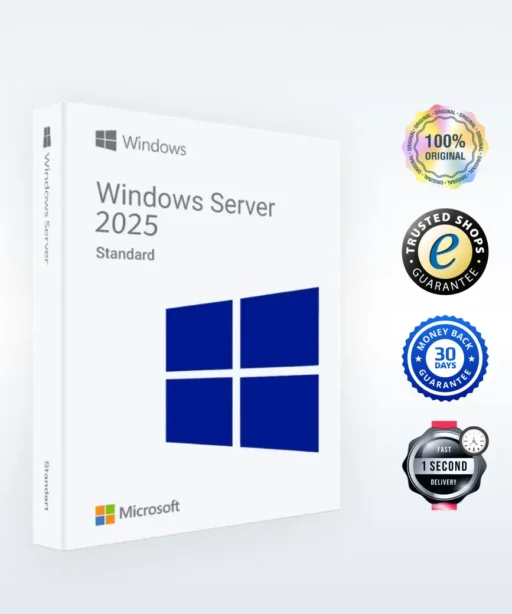 A Windows Server 2025 Standard software box is shown beside four badges: 100% Original, Trusted Shops Guarantee, 30 Day Money Back Guarantee, and 1 Second Delivery.