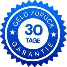 A blue circular badge with white text that reads Geld zurück Garantie 30 Tage, indicating a 30-day money-back guarantee in German.