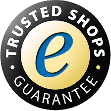 A round badge with a black border displaying the words TRUSTED SHOPS GUARANTEE and a yellow center featuring a blue lowercase e.
