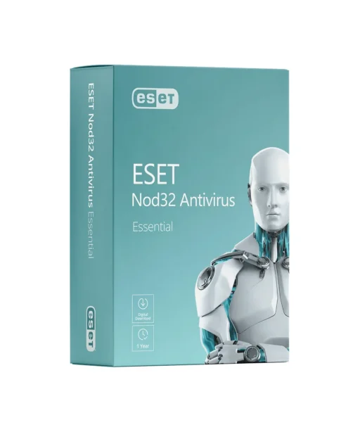A turquoise ESET Nod32 Antivirus software box features a white humanoid robot on the front and side, with the text “ESET Nod32 Antivirus Essential” and “1 Year Digital Download” displayed.
