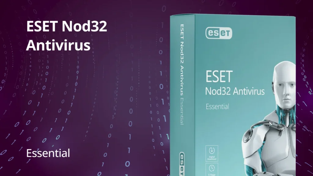 ESET NOD32 Antivirus Home Essential software box with a robot illustration on a digital background featuring binary code and the words “ESET NOD32 Antivirus” and “Essential.”.