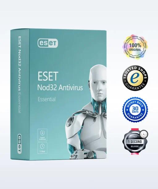 A box of ESET Nod32 Antivirus Essential software is shown next to four badges indicating 100% originality, trusted shop guarantee, 30-day money-back guarantee, and 1-second delivery.