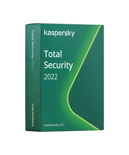 A green retail box for Kaspersky Total Security 2022, featuring the product name in white text and a modern, angled design with a light green accent.