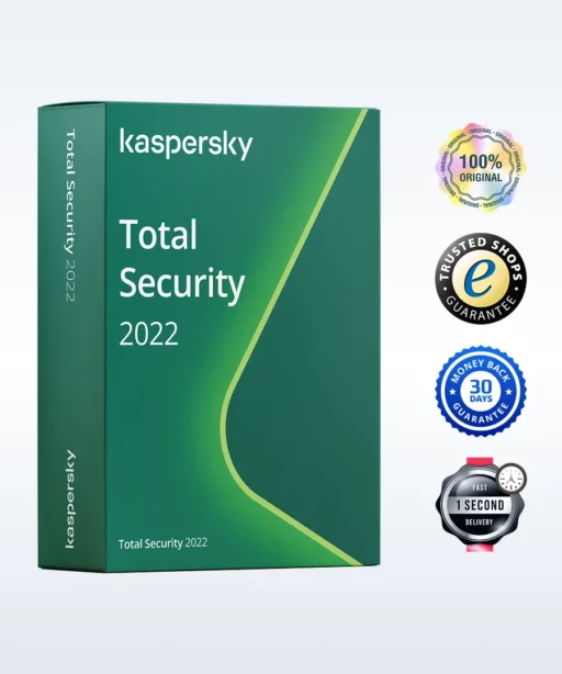 A green Kaspersky Total Security 2022 software box is shown on the left, with four certification and warranty badges on the right: 100% original, trusted shops guarantee, 30-day money back guarantee, and fast delivery.