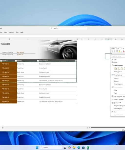 A computer screen displays an Excel spreadsheet titled Automotive Repair Tracker with a car image, a brown and white table of repairs, and a right-click menu open over the spreadsheet. Windows 11 desktop is visible in the background.
