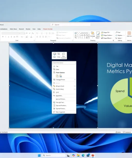 A PowerPoint presentation is open on a computer screen, showing a slide with a blue background and a pie chart labeled Digital Marketing Metrics Pyramid with sections: Spend, Efficacy, and Value. A right-click menu is visible.