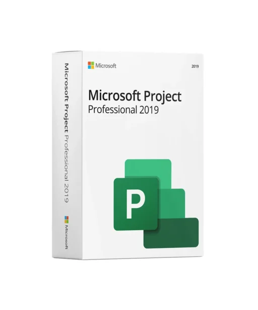 A white software box for Microsoft Project Professional 2019, featuring the Microsoft logo, the software name, and the green Project P icon on the front.