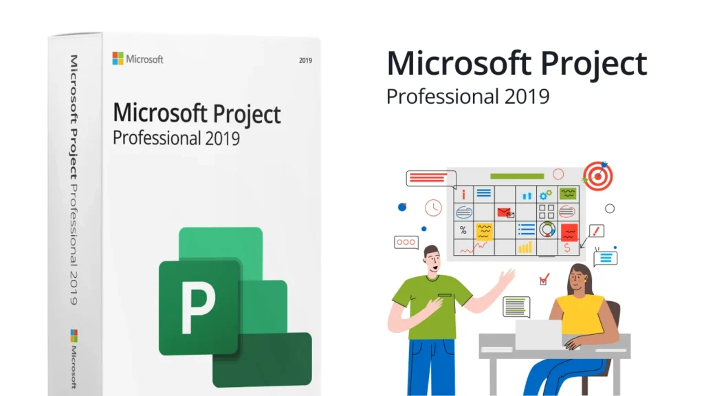 Microsoft Project Professional 2019 product box with team and planning illustration on a white background
