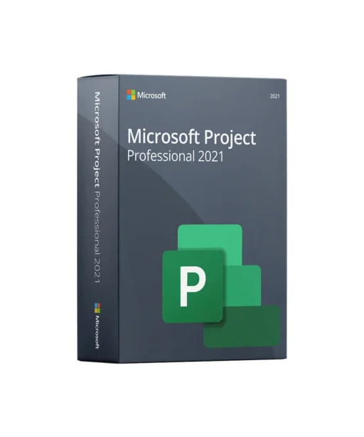 A retail box for Microsoft Project Professional 2021, featuring the Microsoft logo and the Project icon with a green P on the front, set against a gray background.
