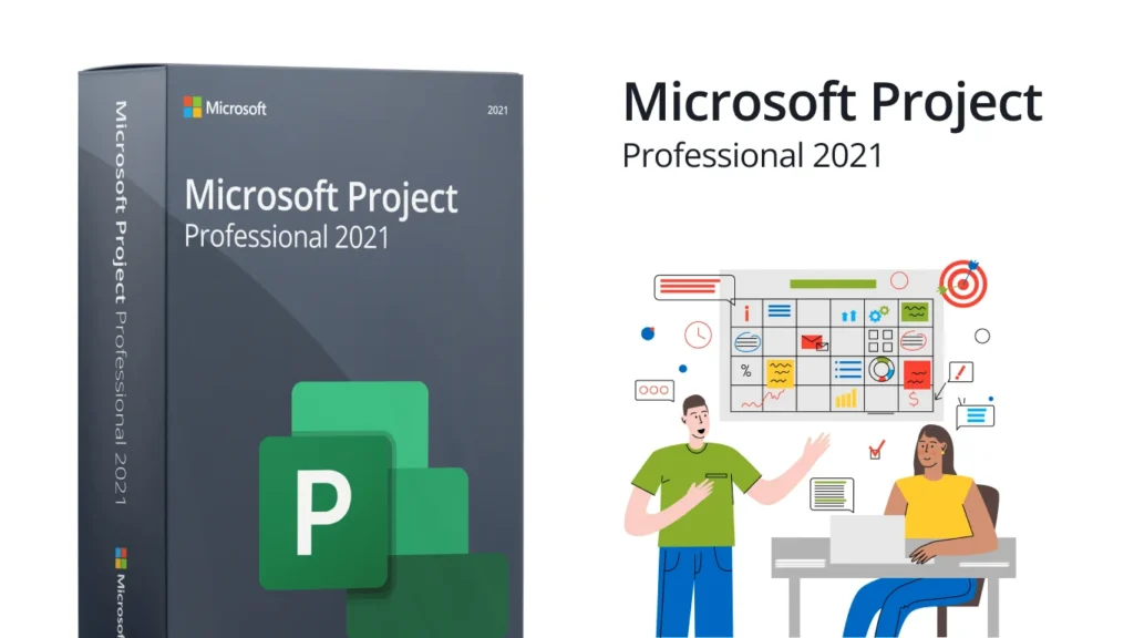Microsoft Project Professional 2021 product box with team and planning illustration on a white background