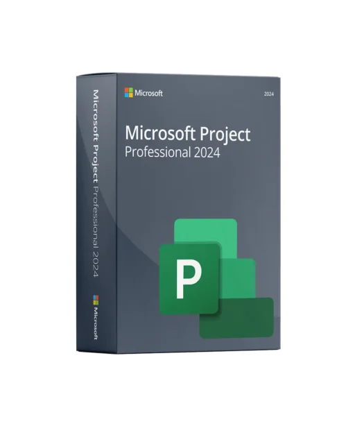 A box of Microsoft Project Professional 2024 software, featuring the Microsoft logo, product name, and an icon with a white P on a green background on the front of the package.