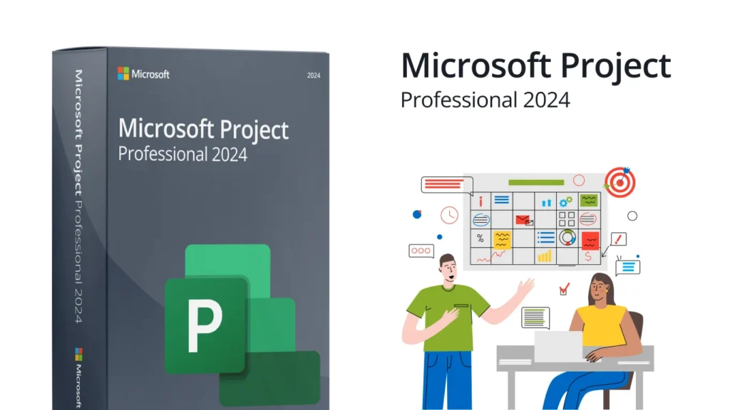 Microsoft Project Professional 2024 product box with team/planning illustration on a white background