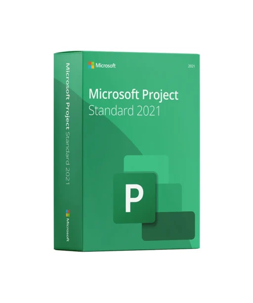 A 3D-rendered box for Microsoft Project Standard 2021, featuring a green design with the Microsoft logo, product name, and a large P icon on the front.