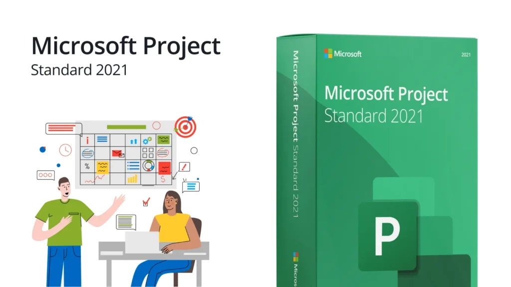Microsoft Project Standard 2021 product box with team illustration and planning board on a white background