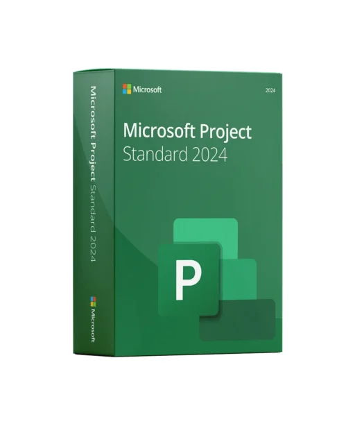 A green retail box for Microsoft Project Standard 2024, showing the Microsoft logo, product name, and a stylized P icon on the front and side, set against a white background.