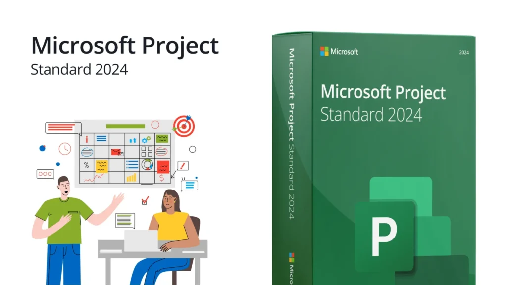 Microsoft Project Standard 2024 product box with team illustration and planning board on a white background