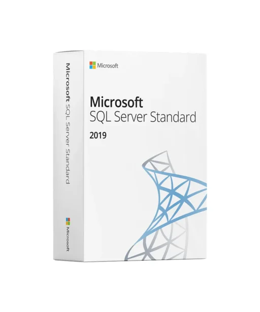 A white retail box for Microsoft SQL Server Standard 2019, featuring the Microsoft logo, product name, and a blue geometric design on the front.