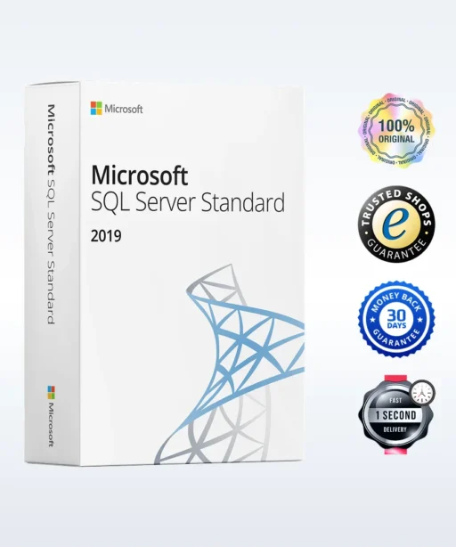 A Microsoft SQL Server Standard 2019 software box is shown next to four badges: 100% Original, Trusted Shops Guarantee, 30 Days Money Back Guarantee, and 1 Second Delivery.