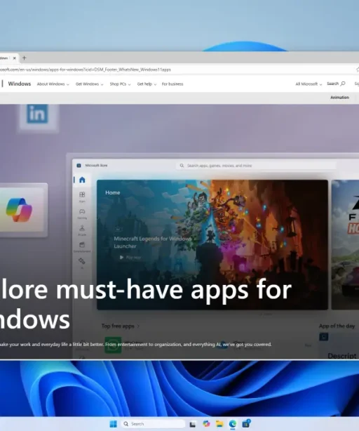 A Windows 11 desktop shows Microsoft Edge open with the Microsoft Store homepage focused on featured apps, including Forza Horizon 5. Text on screen reads, Explore must-have apps for Windows.