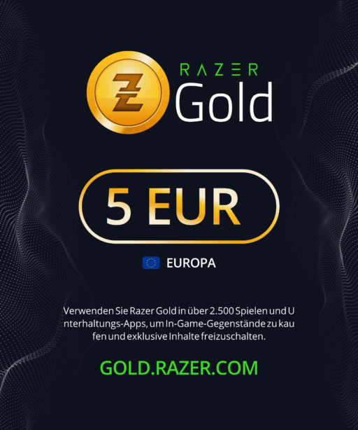 Μια ψηφιακή κάρτα Razer Gold Gutschein, αξίας 5 ευρώ για την Ευρώπη. Το κείμενο στα γερμανικά εξηγεί ότι μπορεί να χρησιμοποιηθεί σε πάνω από 2.500 παιχνίδια και εφαρμογές. Στο κάτω μέρος εμφανίζεται ο ιστότοπος gold.razer.com.  
