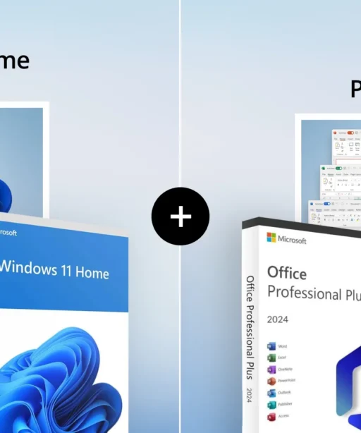 Windows 11 Home + Office 2024 Professional Plus bundle: two product boxes side by side, each with a screenshot above, and a plus sign between them highlighting the combined offer.