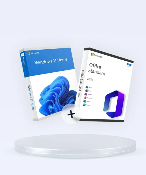 Two software boxes are displayed: one for Windows 11 Home + Office 2024 Standard, featuring a blue abstract design and a purple icon, both presented on a round white platform with a plus sign between them.