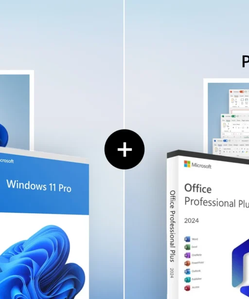 A side-by-side image: on the left, Windows 11 Professional box and screenshot; on the right, Office 2024 Professional Plus box and screenshot—both displaying Microsoft branding with a plus sign uniting them in the center.